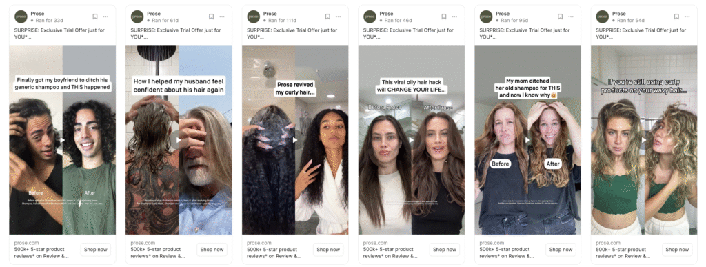 A collection of Prose ad creatives showcasing a consistent before-and-after video format used across multiple audience segments. Each thumbnail highlights a different benefit—such as improved curls, shine, scalp health, or product switch results—demonstrating how Prose iterates on a single winning concept by varying hooks, creators, and messaging angles to sustain high ROAS and engagement.